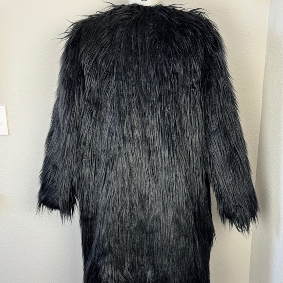 Women's Black Faux Mongolian Lamb Fur Faux Mid-length Jacket Coat Warm Size 10 - Picture 3 of 4